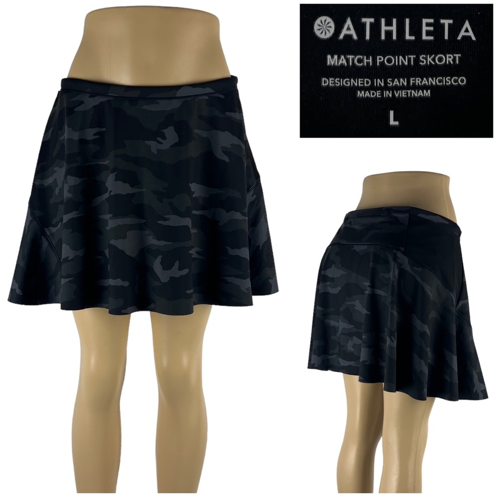 Athleta Womens Large Match Point Skort Skirt Tennis Black Camo Polyester EUC